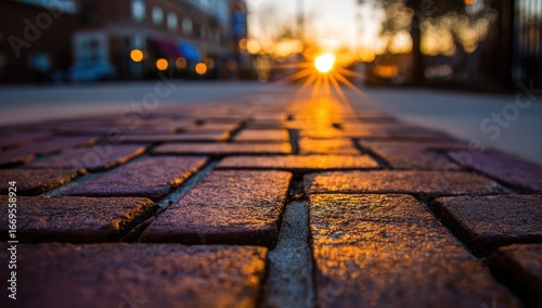 Brick road glows during sunset, blurred buildings behind. Golden hour paints the scene with warmth and light. Perspective is low to the ground