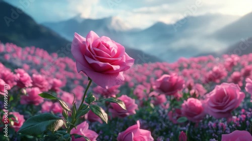 Pink rose flower bloom in field and garden with mountain landscape, soft natural light highlighting petals in peaceful nature scene under cloudy sky, fresh and romantic atmosphere