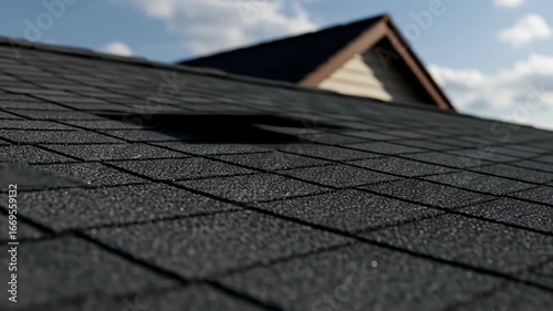 A detailed view of black asphalt roof shingles under a clear sky, showing texture and light. Ideal for construction, real estate, and home improvement.

