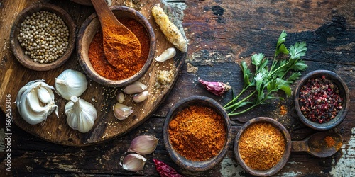 Cajun spices and ingredients on a rustic kitchen table Stock photo