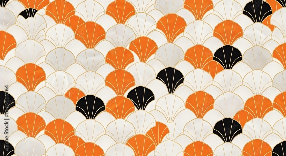 Obraz premium Hexagonal Fish Scale Tile Pattern - Orange Black White, Abstract Geometric Design, Modern Ceramic Background, Decorative Texture, Art Deco