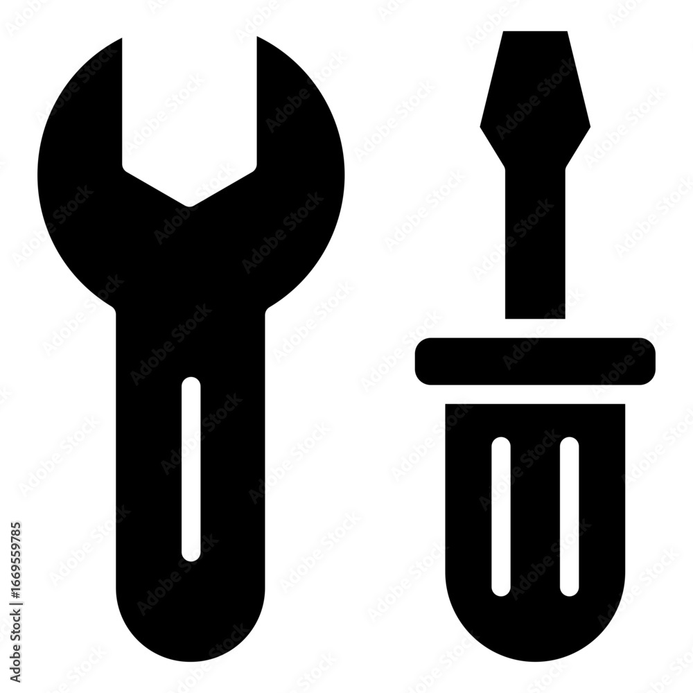 Obraz premium Tools Set Glyph Black Silhouette Icon Design Vector - Wrench and screwdriver representing tools for electrical repair and maintenance