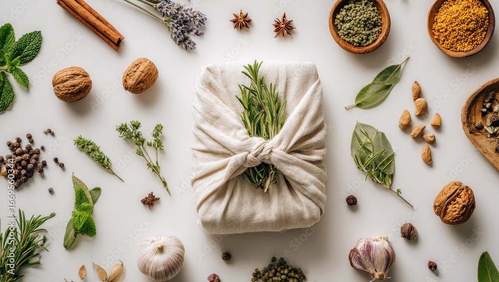 Obraz premium Gift wrapped in natural fabric surrounded by herbs and spices on white
