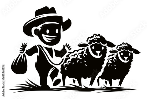Cheerful Farmer Walking with Sheep in a Rustic Farm Setting