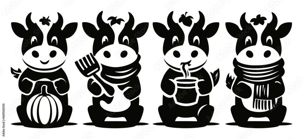 Obraz premium Playful Cows Enjoying Autumn Activities in a Whimsical Black and White Design