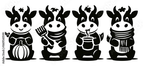 Playful Cows Enjoying Autumn Activities in a Whimsical Black and White Design