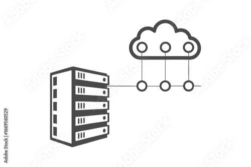 Server Rack Connected to Cloud Outline Icon on White Background Network Setup