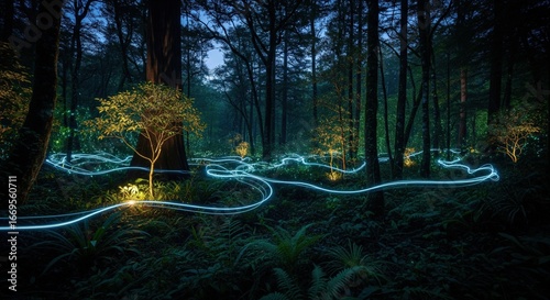 Enchanted Forest with Dynamic Organic Bioluminescent Field Textures and Luminous Flora