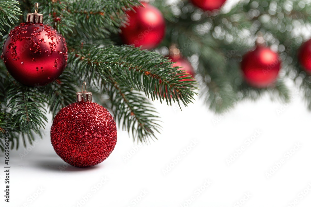 Fototapeta premium christmas tree branch with red ornaments on white background