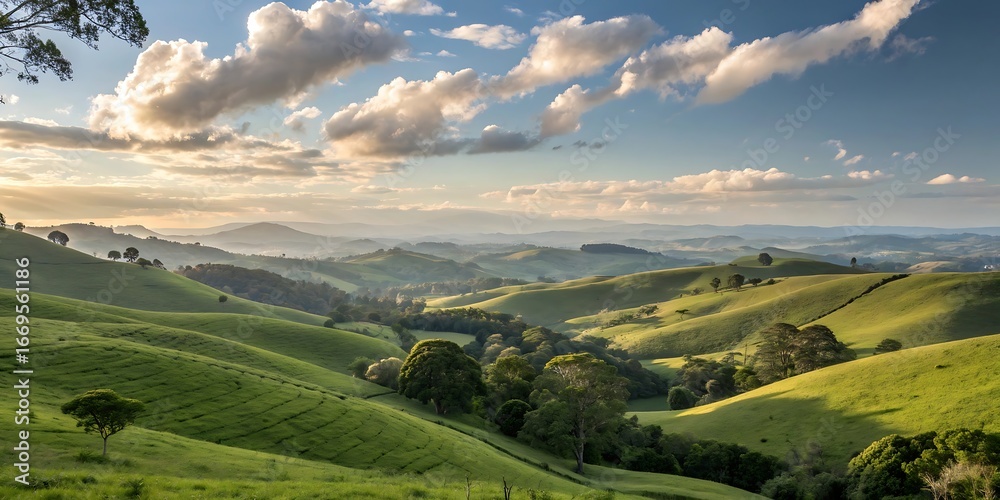 Fototapeta premium Golden hour illuminates rolling green hills and valleys under a dramatic sky filled with fluffy white clouds showcasing a serene rural landscape
