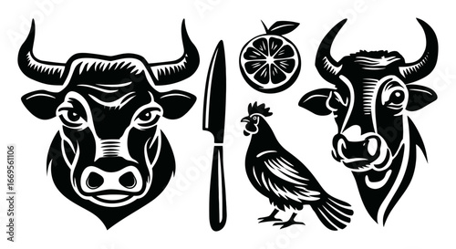 Black and White Illustration of Farm Animals and Kitchen Utensils