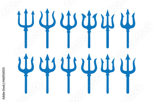 Trident vector icon set. Set of black silhouettes of trident on a white background. Neptune trident. Design element for logo, label, sign, poster. Vector illustration