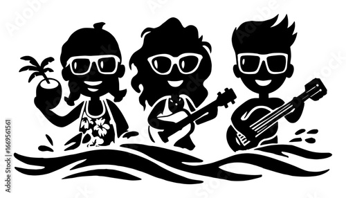 Fun and Cheerful Summer Beach Scene with Friends Playing Music