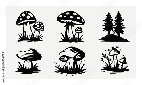 Black and White Mushroom Illustrations with Forest Elements