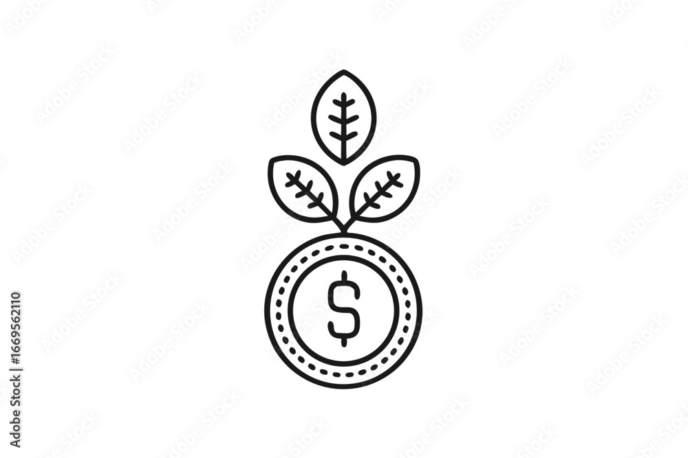 Fototapeta premium Line art of coin with dollar sign and leaves, on white background
