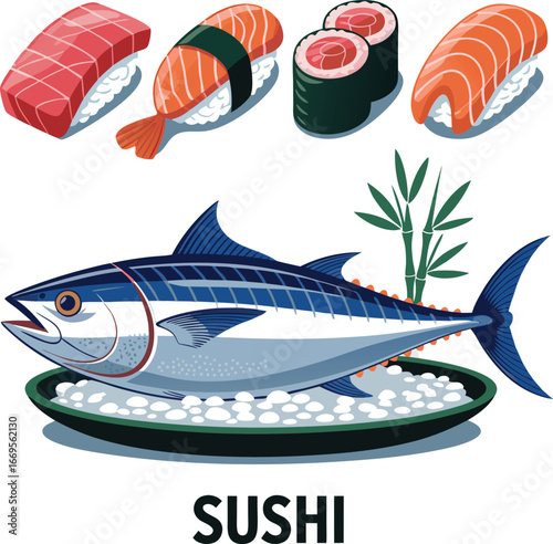 Assorted Sushi Illustration with Tuna, Salmon Nigiri, and Maki Rolls on White Background