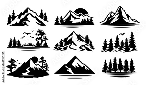 Scenic Black and White Mountain Landscapes with Trees and Sunsets