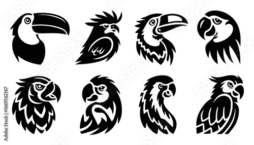 Black and White Silhouette Illustrations of Various Tropical Birds