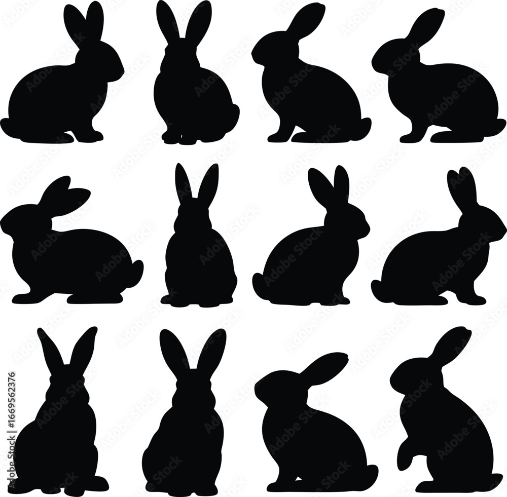 Fototapeta premium Black Rabbit Silhouette Collection Twelve Bunny Shapes for Easter or Spring Projects