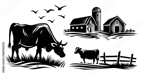 Farm Scene with Grazing Cows, Barn, and Birds in Black and White Style
