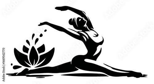 Elegant silhouette of a dancer in harmonious pose with lotus flower
