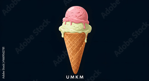 Sweet two-scoop ice cream cone with melting pink and green flavors. Refreshing summer dessert illustration.