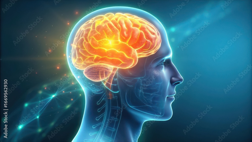 Obraz premium Glowing human brain in profile silhouette with neural network connections and light streaks