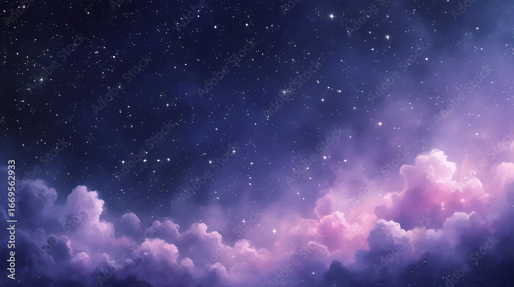 Fototapeta premium Vast expanse of a starry night sky above ethereal glowing purple and pink clouds creating a cosmic dreamscape