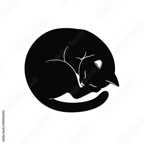 A black cat curled up and sleeping in a circular shape