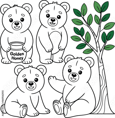 Cartoon Bears with Honey Pot and Tree Black and White Line Art Illustration
