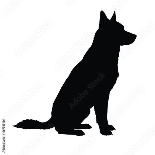 A black silhouette of a sitting german shepherd dog on white background