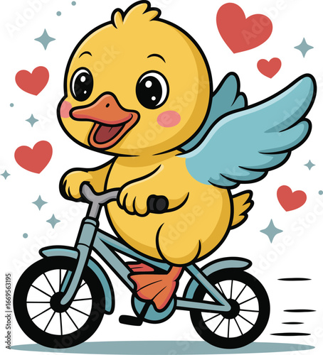 Cartoon Chick with Wings Riding a Bicycle Surrounded by Hearts and Stars Illustration