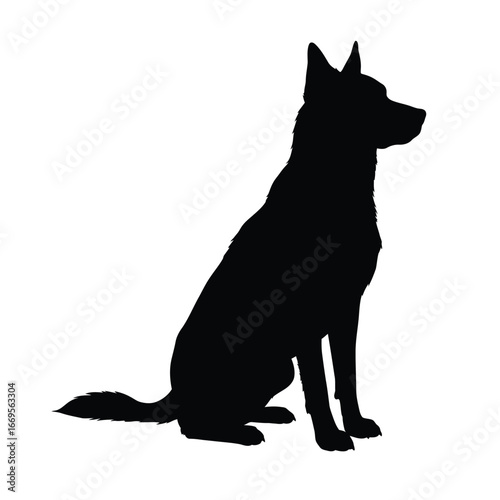 A black silhouette of a sitting dog with pointed ears and tail