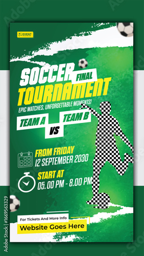 Soccer final tournament story template design with player kicking the ball on field