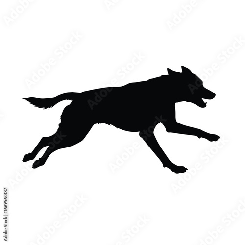 A black silhouette of a dog running quickly to the right side