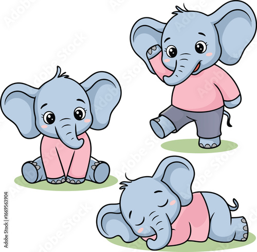Cartoon Elephant Set Sitting, Dancing, and Sleeping Poses in Pink and Gray Clothing