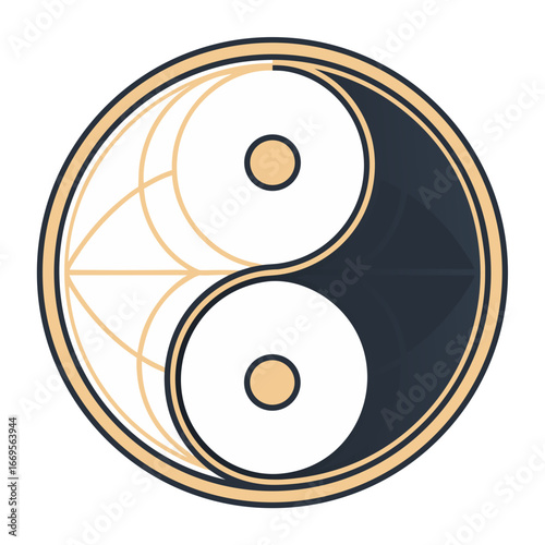 Geometric Yin Yang Symbol:  Elegant, Minimalist Design, Balance Concept, Spiritual Harmony, Modern Art Illustration.
