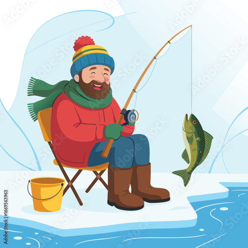 Cartoon Fisherman Catching Fish Through Ice Hole During Winter Fishing Season Trip