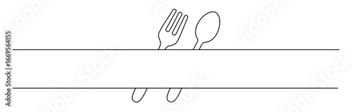 Line art of a spoon and fork with a tilted position and a straight line on the side. This icon is for a sticker or banner of a restaurant logo.