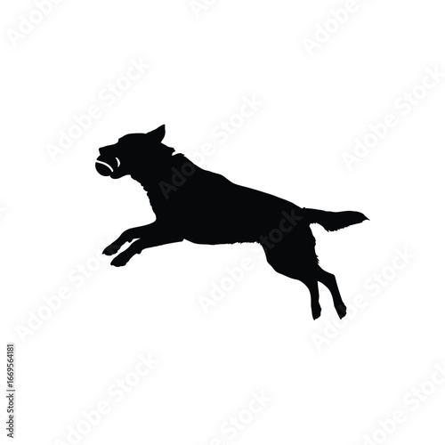 A black silhouette of a dog jumping in mid air with its mouth open wide freely