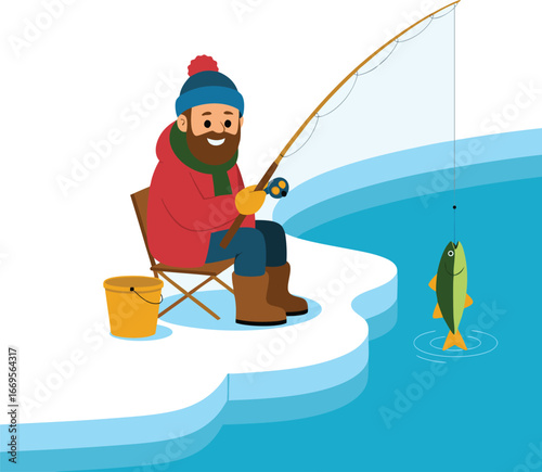 Cartoon Ice Fisherman Catching Fish Man Sitting on Chair with Fishing Rod