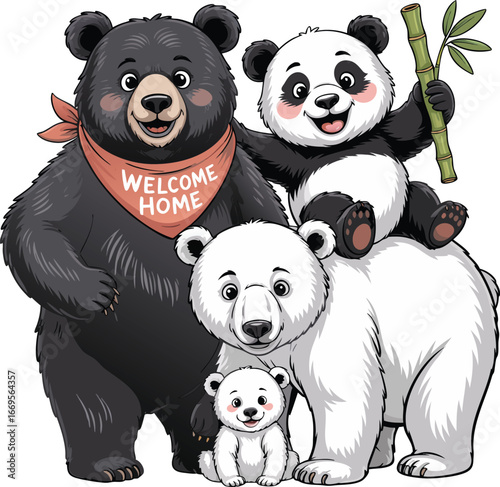 Cartoon Illustration Black Bear with Welcome Home Bandana, Panda with Bamboo, Polar Bears