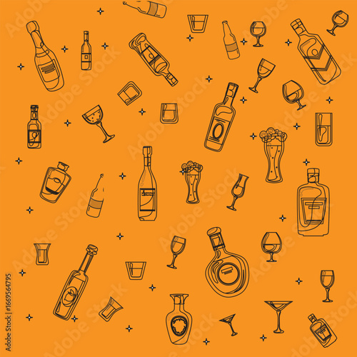 Alcohol cocktail bar doodle set, vector hand drawn beverages party illustration, champagne glasses. Waiter arm with tray, bartender preparing drinks, gin bottle menu line icon. seamless pattern.