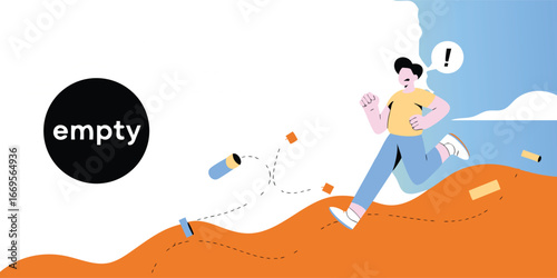 Cartoon Man Runs from Empty Sign While Dropping Objects on an Orange Landscape