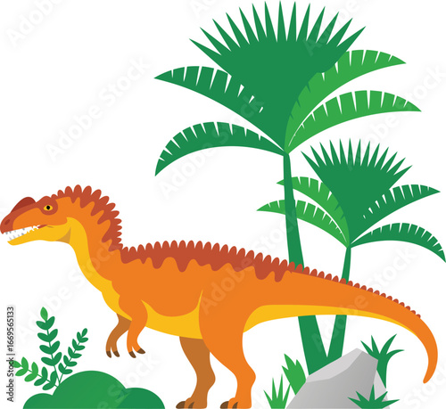 Cartoon Orange Allosaurus Dinosaur Standing Near Palm Trees and a Rock in a Prehistoric Landscape