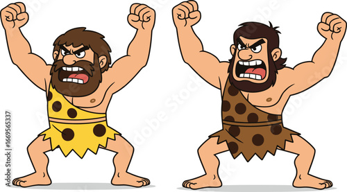 Angry cartoon cavemen shouting and raising fists, prehistoric men in stone age clothes, aggressive expression, tribal conflict, humorous illustration
