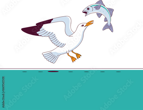 Cartoon Seagull Flying Above Water with Fish, Orange Beak, Gray and White Plumage