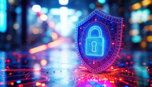 Digital shield padlock glowing with data protection against cyber attacks and online security breaches for safe internet browsing