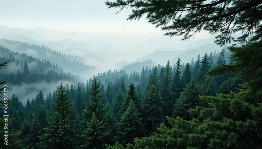 Fototapeta premium Misty layered mountain ridges covered with thick green pine forests and trees creating a cool serene landscape