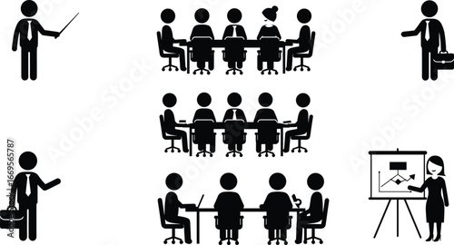 Business meeting icons with stickman characters, teamwork, office discussion, corporate presentation, conference table, collaboration, strategy planning, training illustration